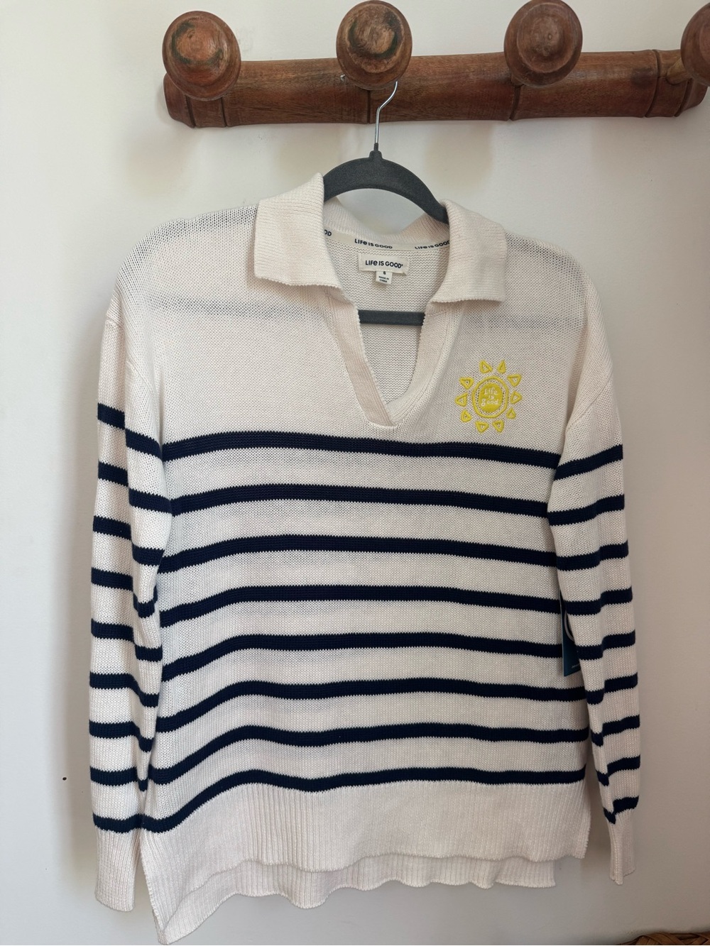 Life Is Good Navy Striped V‑Neck Polo Sweater with Yellow Sun